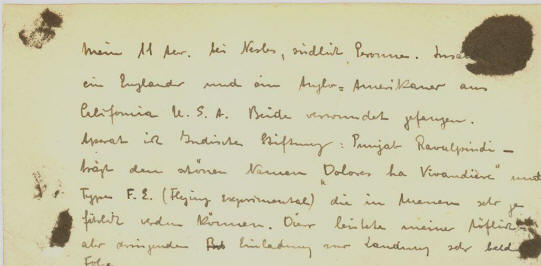 Eigenh�ndiger Vermerk Buddeckes: "Mein 11ter. Bei Nesles, s�dlich Peronne. Insassen ein Engl�nder und ein Angloamerikaner aus Californien U.S.A. Beide verwundet gefangen. Apparat ist indische Stiftung Punjab Ravalpindi - tr�gt den sch�nen Namen Dolores la Vivandi�re. Typ F.E. (Flying experimental), die in Massen sehr gef�hrlich werden k�nnen. Dieser leistete meiner h�flichen aber dringenden Einladung zur Landung sehr bald Folge."